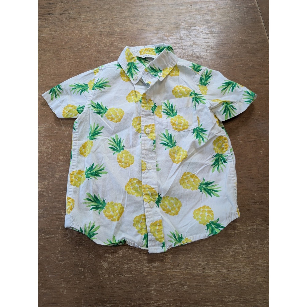 Janie and Jack Boys Pineapple Print Short Sleeve Button Down Shirt White‎ Size 3